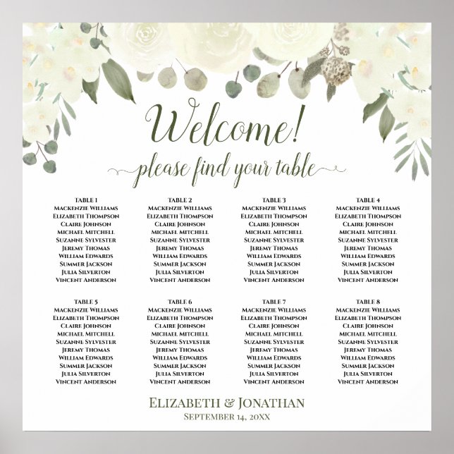 Affiche 8 Table Roses Blanches Mariage Bohème Plan de Tabl (Devant)
