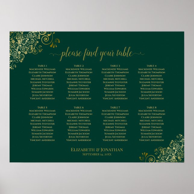 Affiche 8 Table Wedding Seating Chart Emerald Green & Gold (Devant)