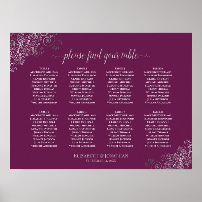 Affiche 8 Table Wedding Seating Chart Silver on Cassis (Devant)