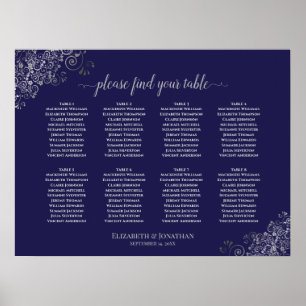 Affiche 8 Table Wedding Seating Chart Silver on Navy Blue