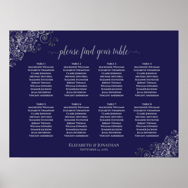Affiche 8 Table Wedding Seating Chart Silver on Navy Blue (Devant)