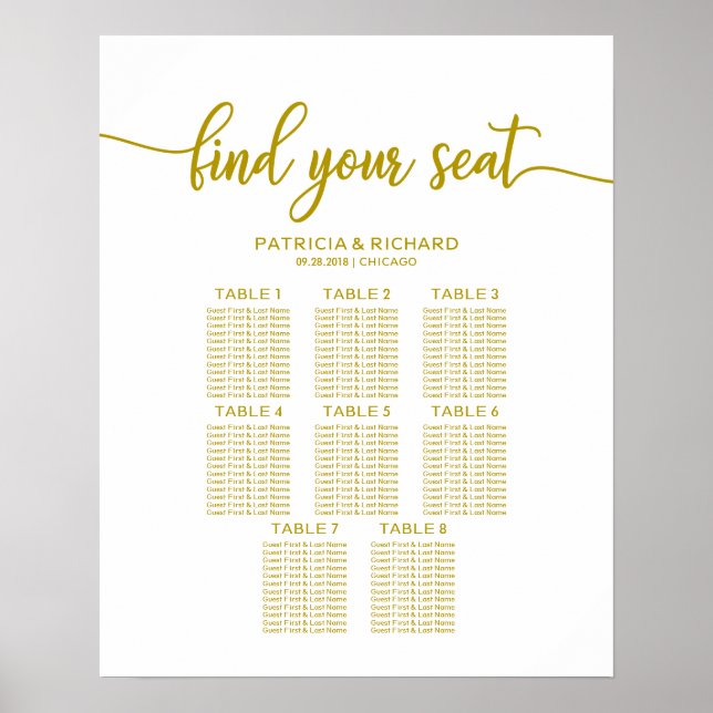 Affiche 8 Tableaux Mariage Carte de siège Gold Calligraphi (Devant)