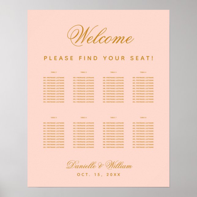 Affiche 8 Tables Blush Mariage Simple Rose Sein Graphique (Devant)