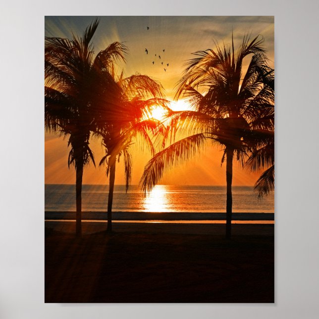 AFFICHE 8X10 COUCHER DE SOLEIL SUR PLAGE TROPICALE (Devant)