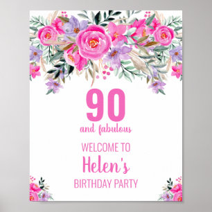 Affiche 90 ans et fabuleux fête d'anniversaire rose élégan