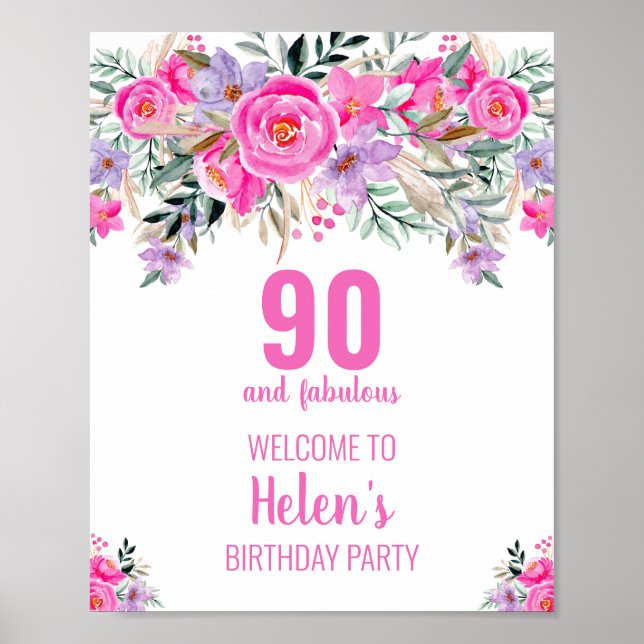 Affiche 90 ans et fabuleux fête d'anniversaire rose élégan (Devant)