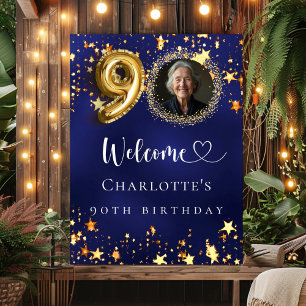 Affiche 90e anniversaire bleu or étoiles photo bienvenue