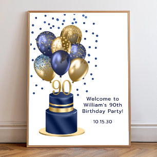 Affiche 90e anniversaire Marine Blue Balloon Cake Bienvenu