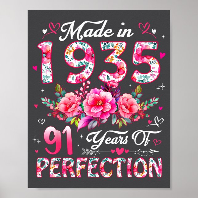 Affiche 91 Year Old Made In 1935 Floral 91st Birthday Wome (Devant)