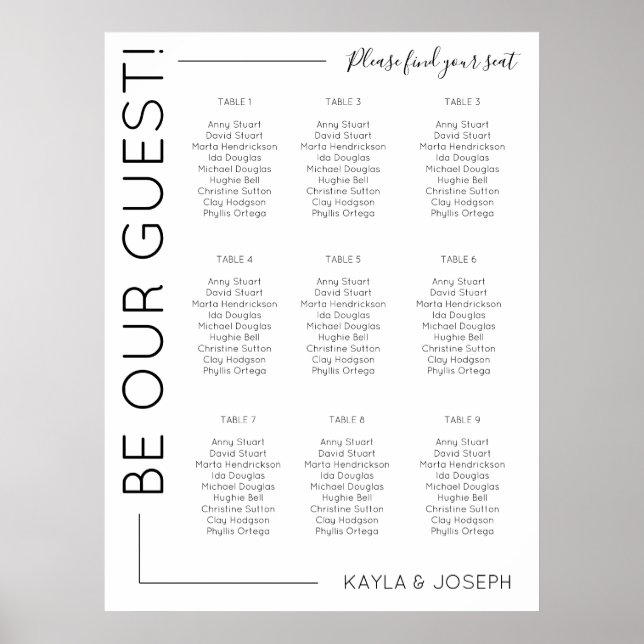 Affiche 9 table Minimalist Wedding seating chart template (Devant)