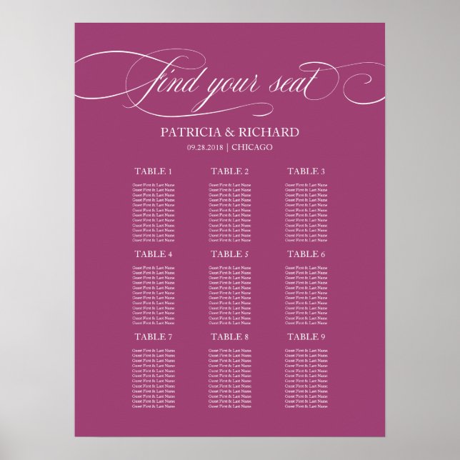 Affiche 9 Tables Cassis Elegant Wedding Seating Chart (Devant)