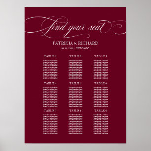 Affiche 9 Tables Chart de mariage Burgundy Marsala