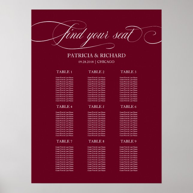 Affiche 9 Tables Chart de mariage Burgundy Marsala (Devant)