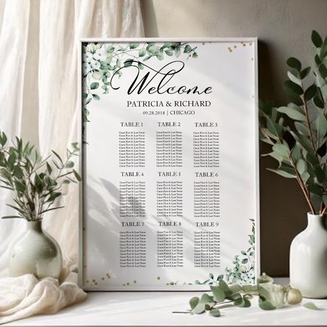 Affiche 9 Tables Greenery Wedding Seating Chart (Créateur téléchargé)