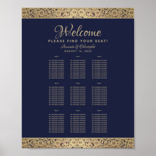 Affiche 9 Tables Navy Blue Wedding Seating Chart Gold Rose