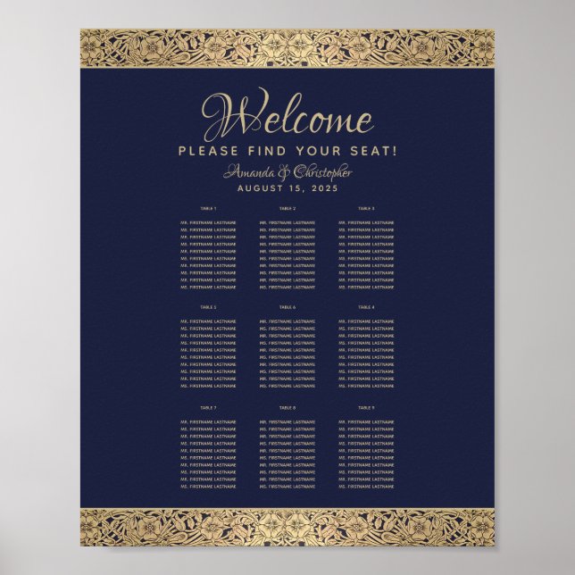 Affiche 9 Tables Navy Blue Wedding Seating Chart Gold Rose (Devant)