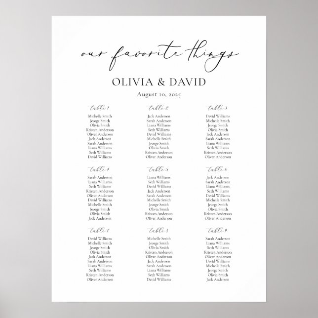 Affiche 9 Tables Simple Notre Plan de Table des Choses que (Devant)