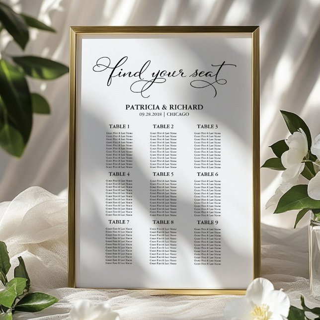 Affiche 9 Tables Wedding Seating Chart Board Elegant (Créateur téléchargé)