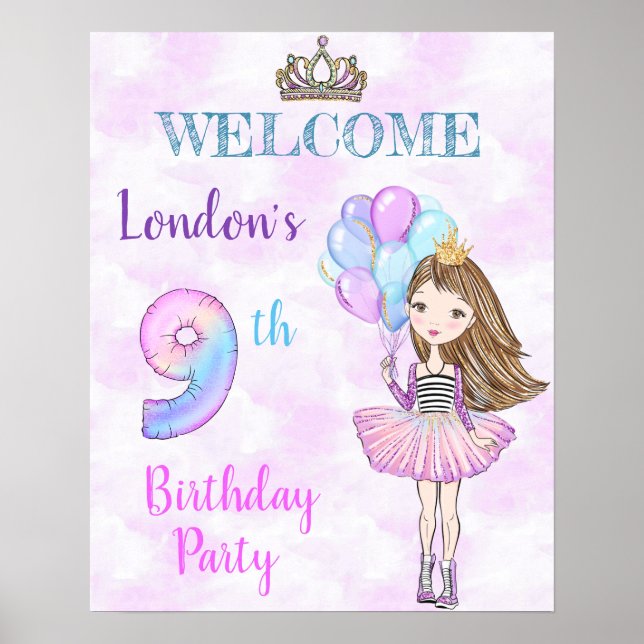 Affiche 9e anniversaire fille Princesse Lavande Turquoise (Devant)