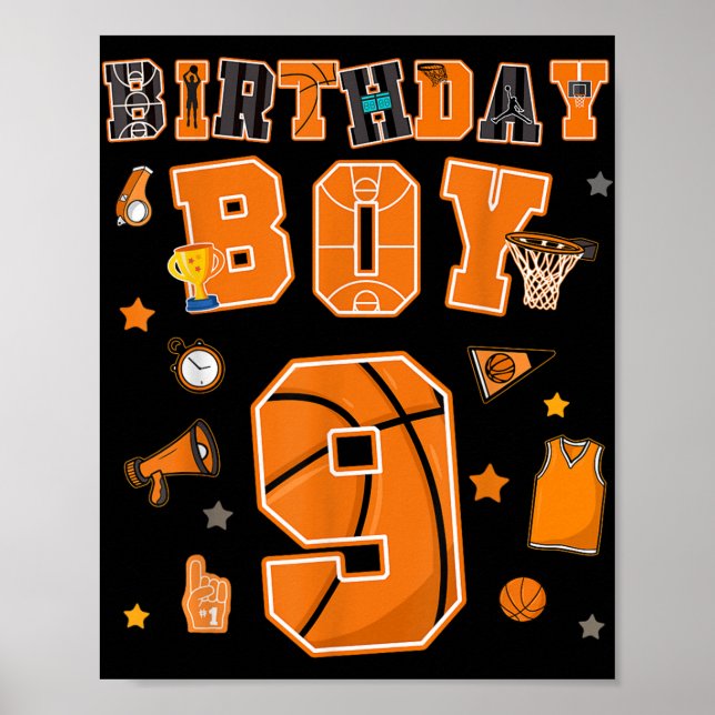 Affiche 9e anniversaire Garçon 9 ans Basketball fête Neuf  (Devant)