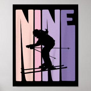 Affiche 9e anniversaire Girl Retro Ski Lover Skier 9 ans O