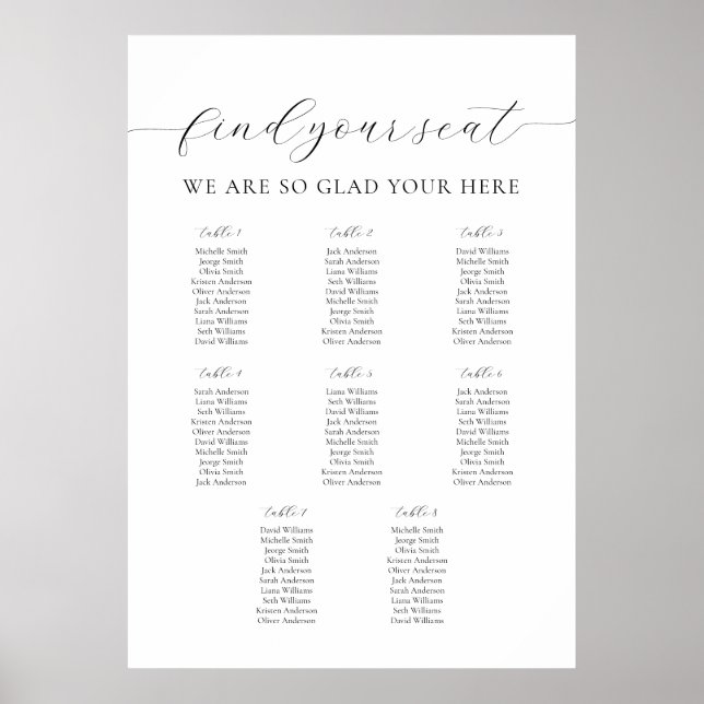 Affiche A1 Plan de table de nos personnes préférées 8 tabl (Devant)