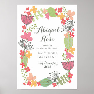 Affiche A3 Annonce Naissance Bébé Fille Cadeau Souvenir