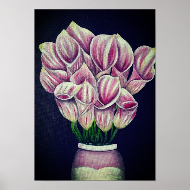 Affiche A3 Belles Fleurs roses Painage acrylique Imprimer (Devant)