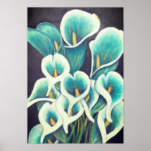 Affiche A3 Belles Fleurs Turquoises acrylique Peinture Imp