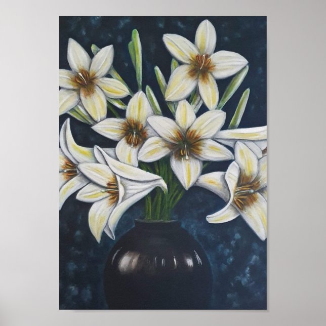 Affiche A4 Belles Fleurs blanches acrylique Peinture Impri (Devant)