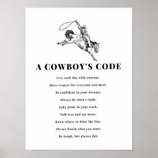 Affiche A Cowboy's Code Print, Black and White, Wild West