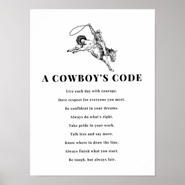 Affiche A Cowboy's Code Print, Black and White, Wild West (Devant)