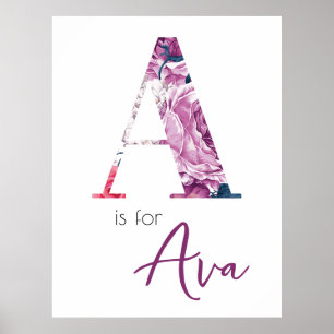 Affiche A est pour Ava Baby Name Reveal Floral Vintage Gir