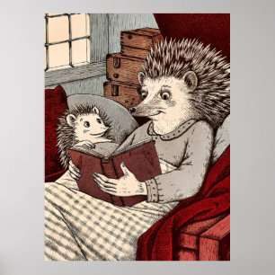 Affiche A hedgehog in a blanket reading a book to a young 