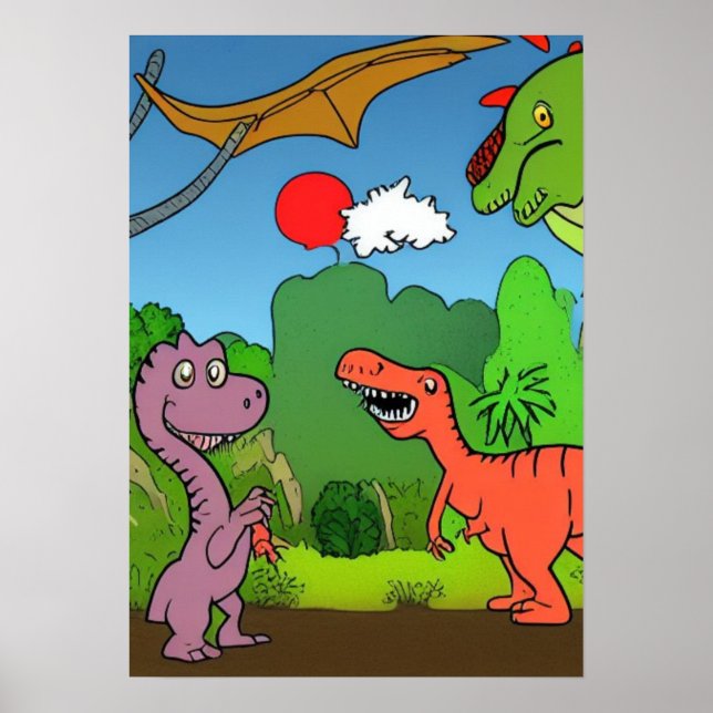 Affiche A.I. Dinosaure de dessin animé en jeu, amusant (Devant)