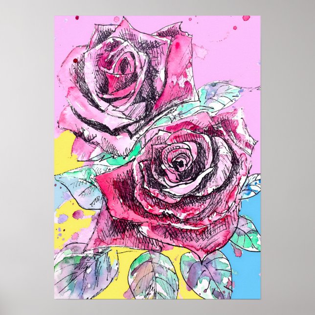 Affiche à l'aquarelle de fleurs de roses rouges (Devant)