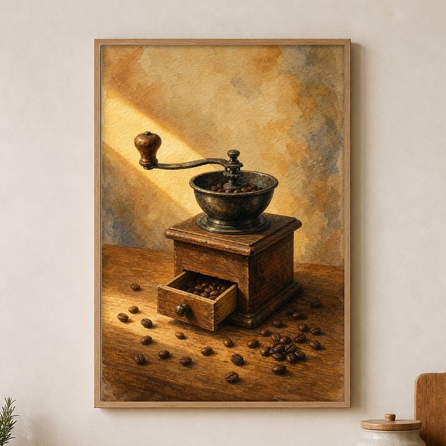 Affiche à l'aquarelle d'un moulin à main et de gra (Shown framed for scale. Poster ships unframed; frames are an optional add-on.)