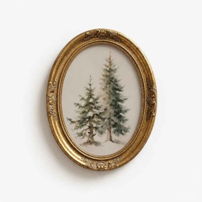 Affiche à l'aquarelle d'un pin d'hiver (Winter Pine Tree Wall Art Poster - close-up view (frame/decor not included))