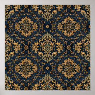 Affiche à motif damassé baroque or et bleu marine