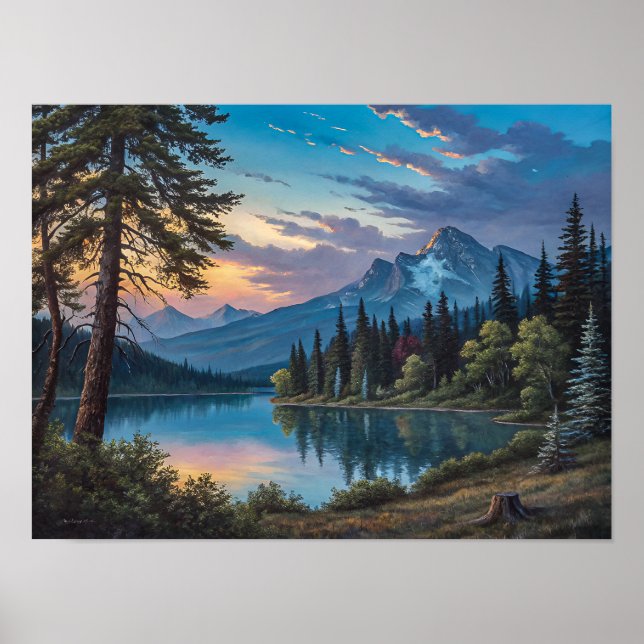 Affiche A painting of a mountain lake and trees in evening (Devant)
