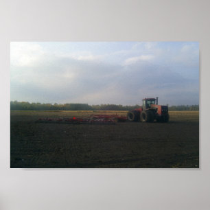 Affiche A Red Tractor Resting On The Open Fields...