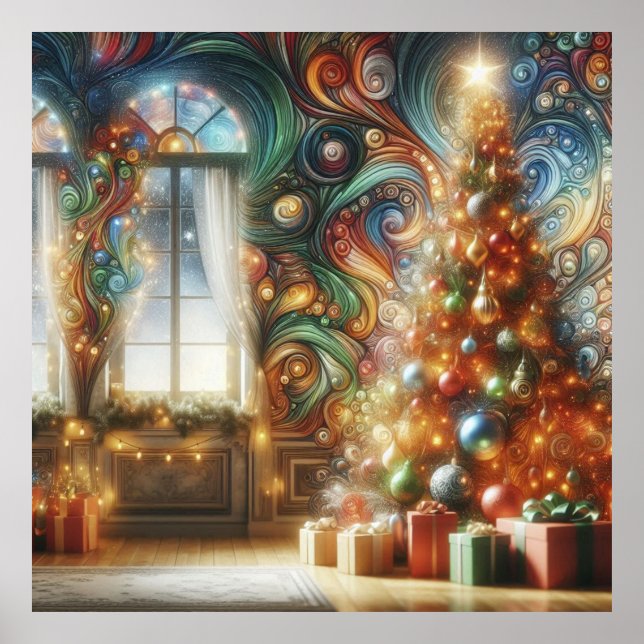 Affiche A Retro Style Christmas Tree With Presents on Wall (Devant)