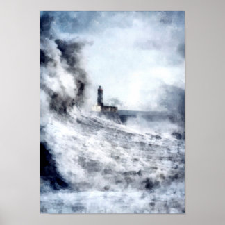 Affiche A stormy ocean surrounds a lighthouse