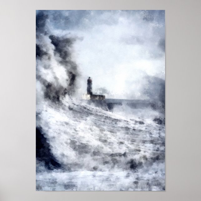 Affiche A stormy ocean surrounds a lighthouse (Devant)