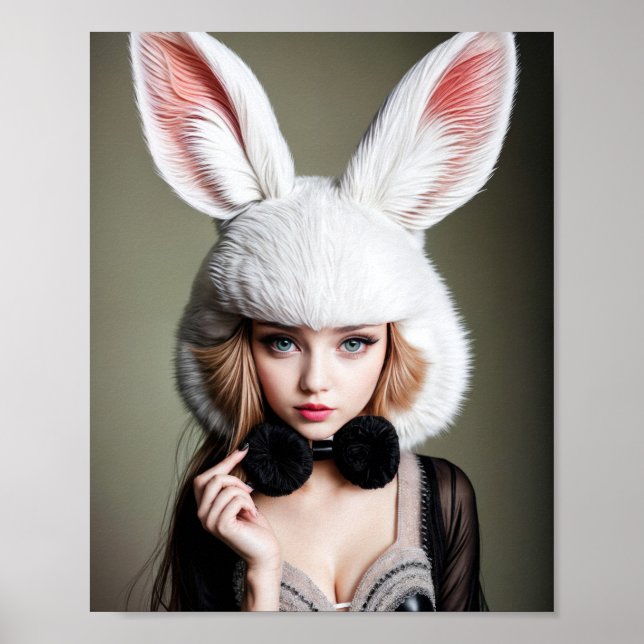 Affiche A woman wearing a rabbit hat and a black bow tie (Devant)
