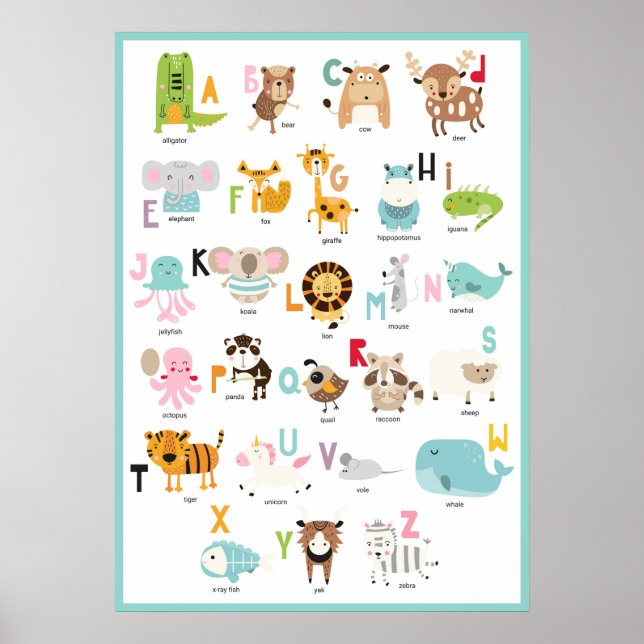 Affiche ABC colorés | Alphabet animalier Cadre Turquoise (Devant)