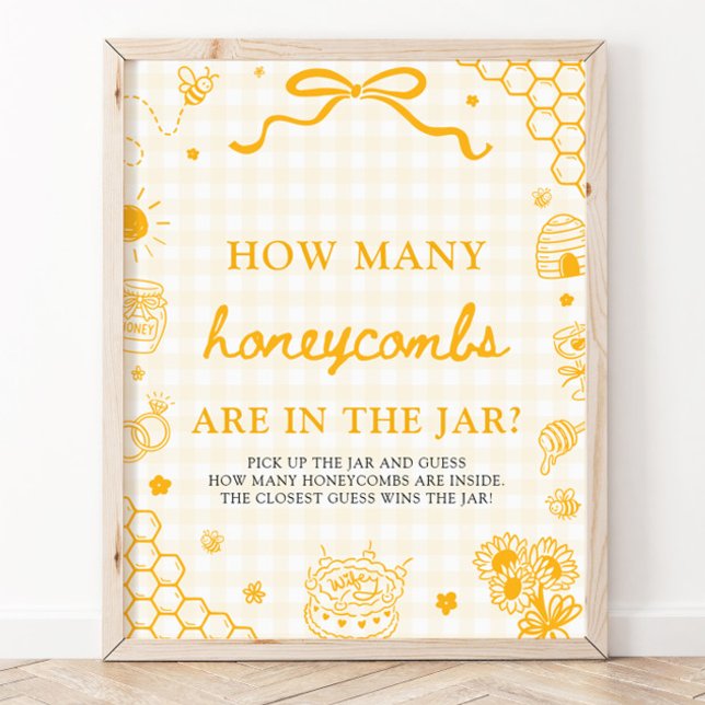 Affiche Abeille à carreaux jaunes en nid d'abeille Devinez (Yellow Gingham Honey Bee Guess How Many Honeycombs Game Sign)