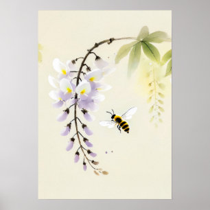 Affiche Abeille à l'encre chinoise sur wisteria