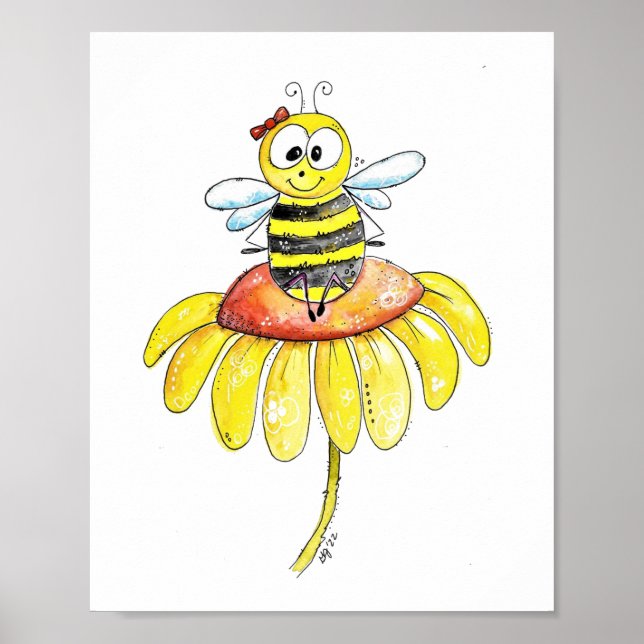 Affiche Abeille blanche mignonne sur une fleur (Devant)