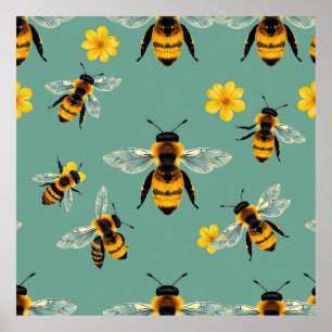 Affiche Abeille bourdon aquarelle réaliste en nid d'abeill